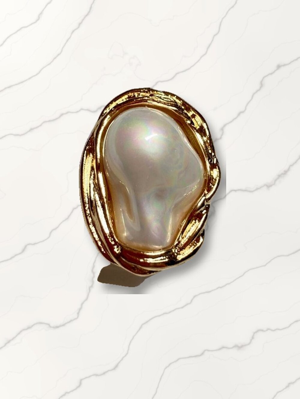 Gold Tone Large Baroque Faux Pearl Statement Ring, Adjustable Open Band NWT
